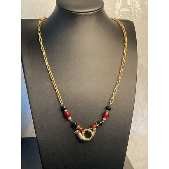 Vintage Gold Tone Chain Necklace With Red & Black Beads Horn Pendant - Picture 1 of 4